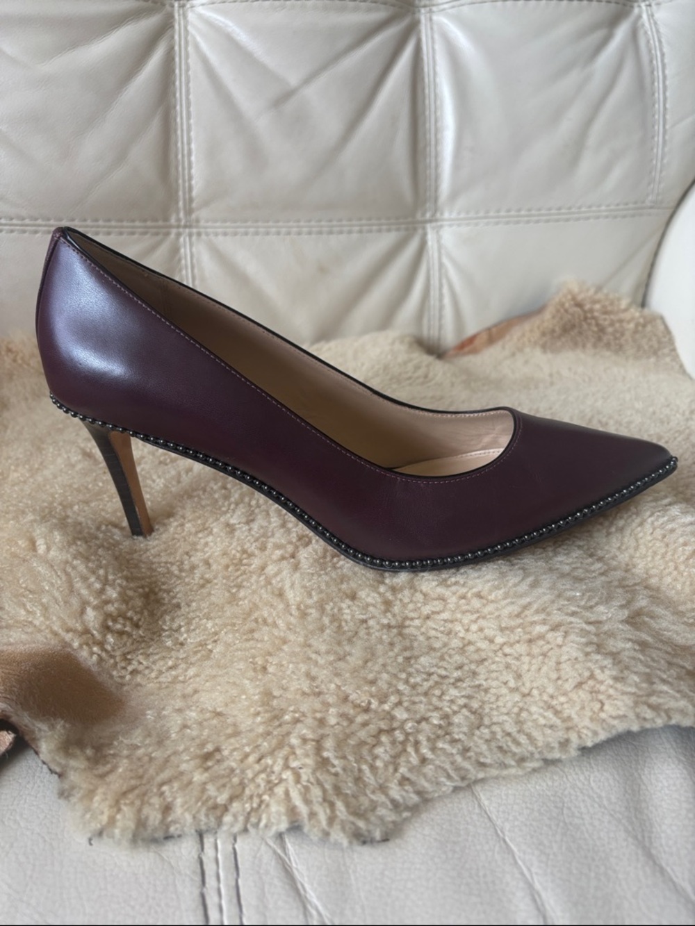 Coach Burgundy Leather Pointed-Toe Stud Trim Pumps - Picture 6 of 8